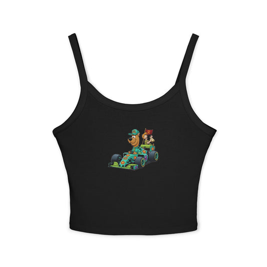 Scooby-Doo x F1 Racerback Tank Top: Women's Cropped Scuderia Tee, Spaghetti Strap Tank, Summer Sleeveless Tee, Cartoon Character Fan