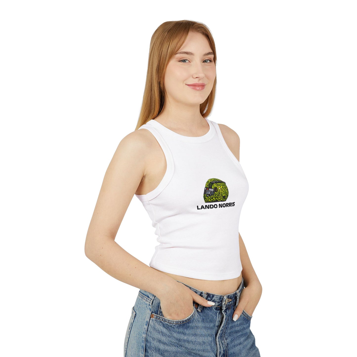 Women's Racer Tank Top - Lando Norris 2025 Helmet Graphic Tee, Y2K Style McLaren F1 Shirt, Crop Top