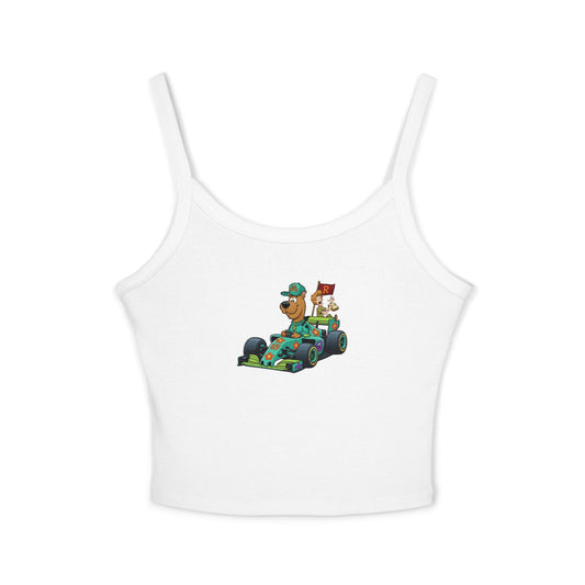Scooby-Doo x F1 Racerback Tank Top: Women's Cropped Scuderia Tee, Spaghetti Strap Tank, Summer Sleeveless Tee, Cartoon Character Fan